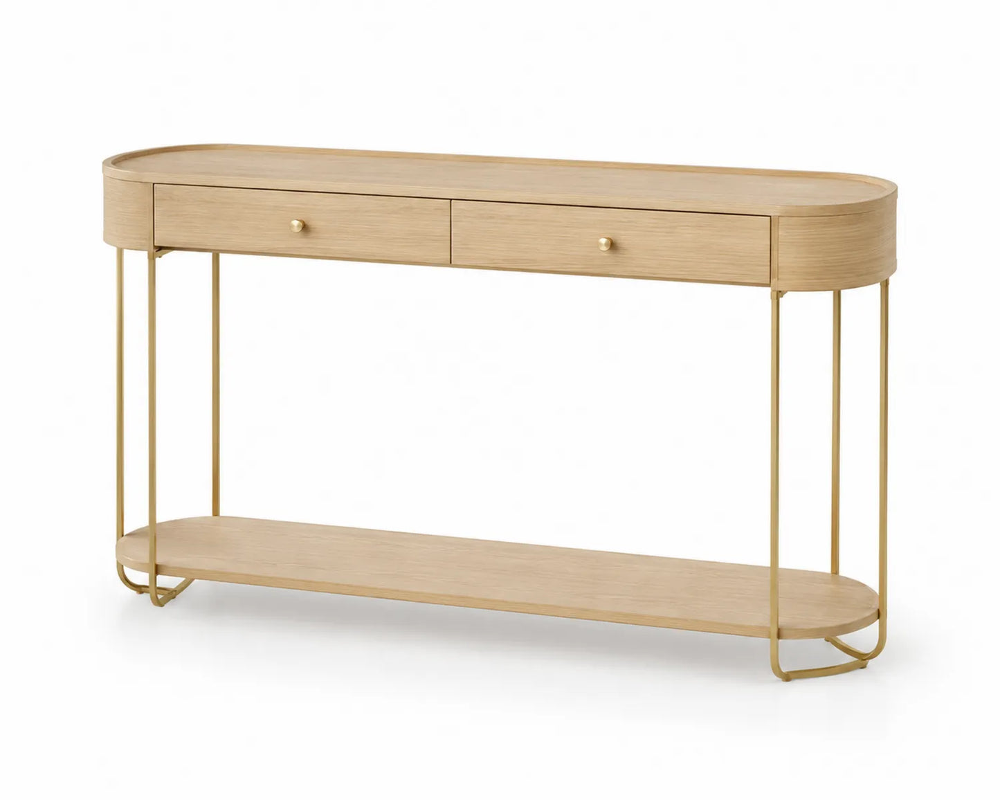 Console en bois de chêne et métal doré avec tiroirs