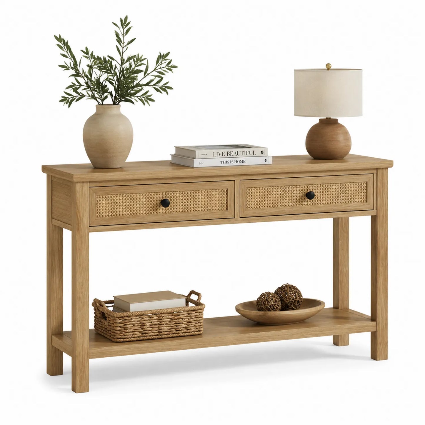 Table console en bois avec tiroirs en rotin 120x35x80 cm