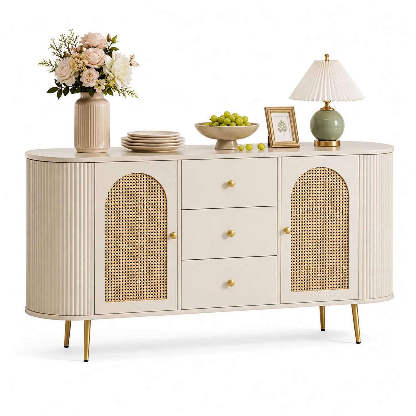 Buffet ovale en bois et rotin naturel beige