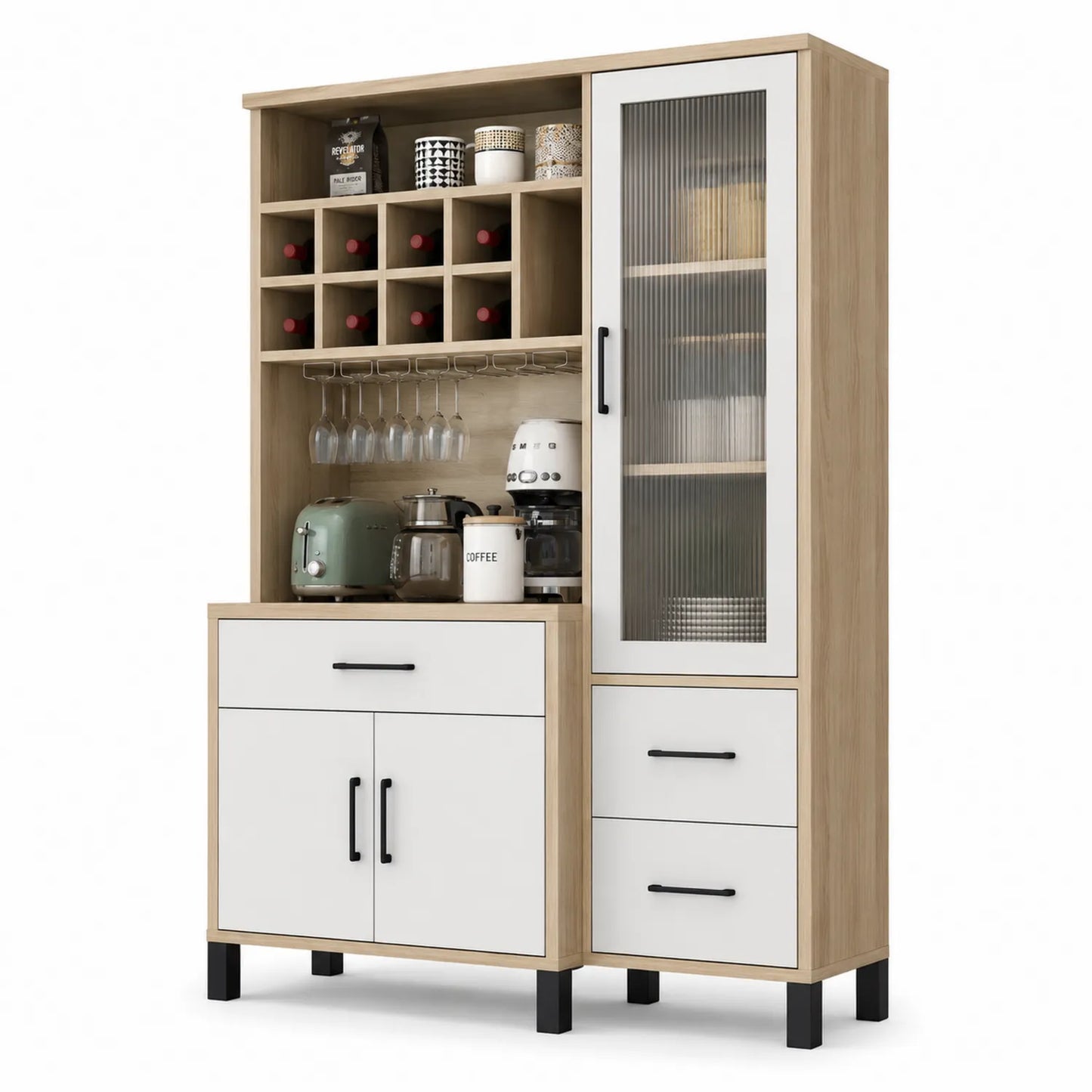 Buffet de cuisine en bois avec portes en verre cannelé, 180x120x40 cm, Chêne/Blanc