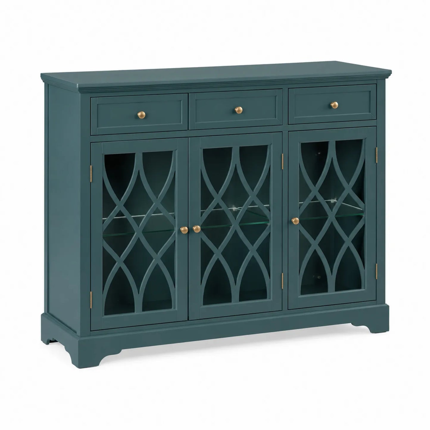 Buffet en bois bleu avec portes en verre trempé et tiroirs 120 cm