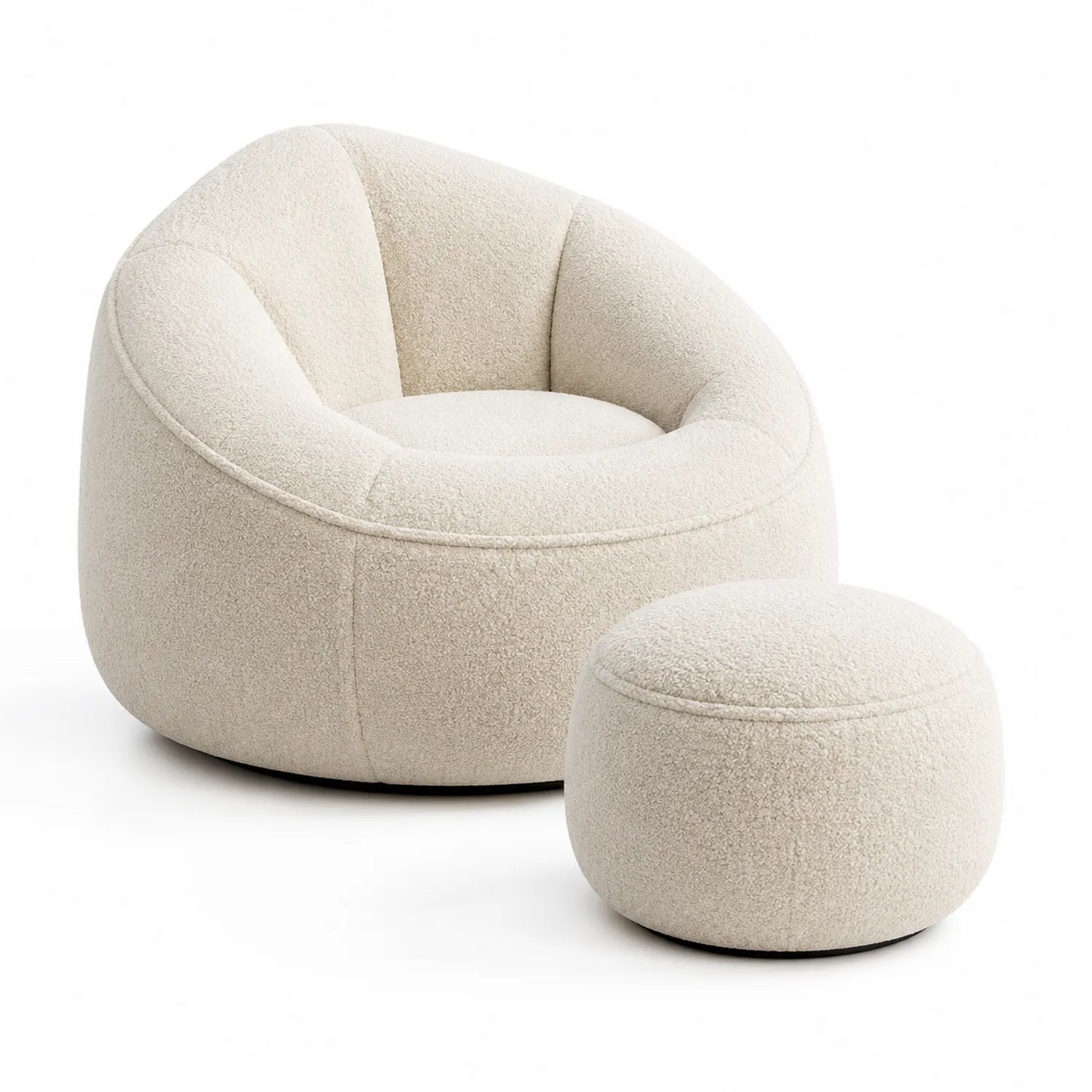 Fauteuil avec repose-pieds en tissu bouclé beige
