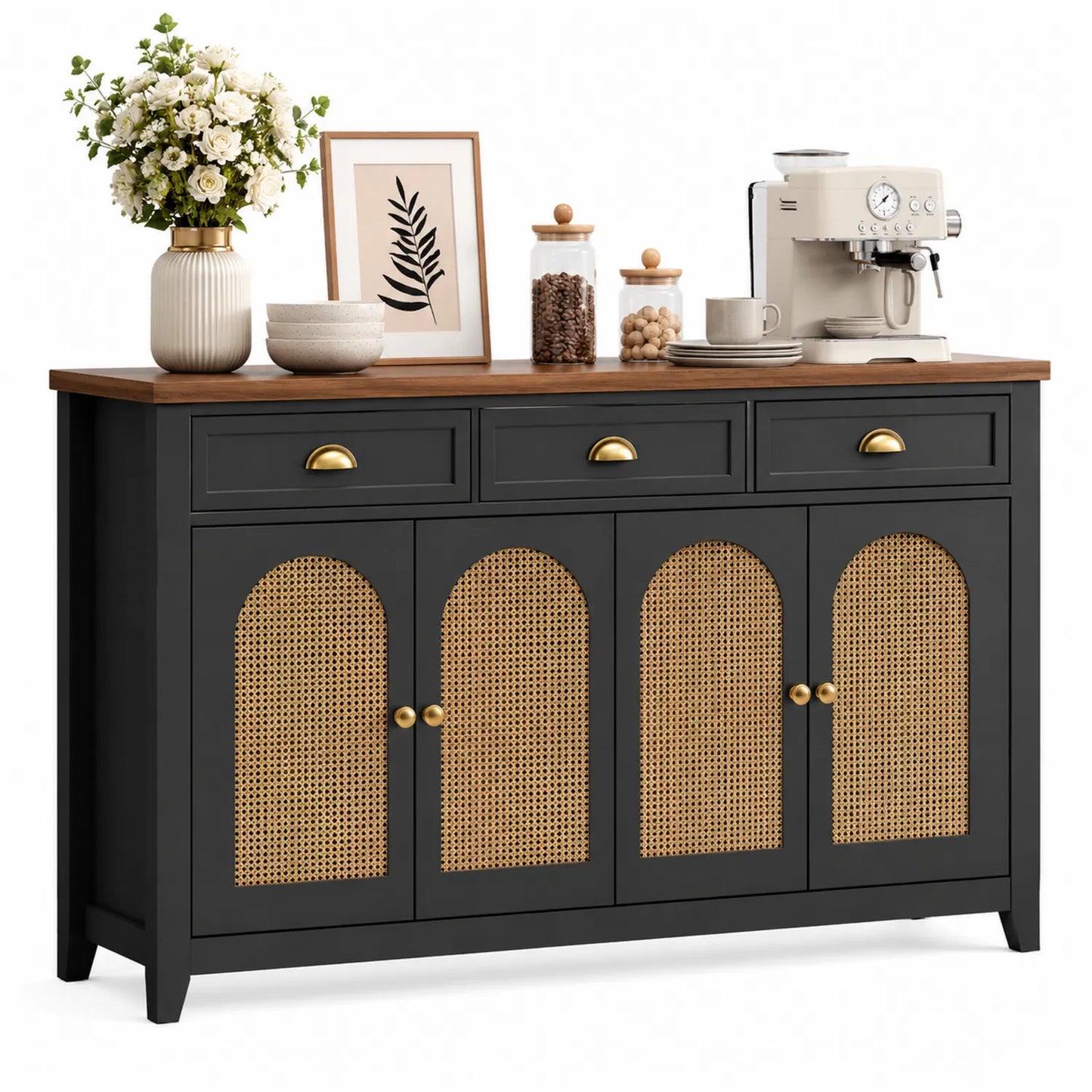 Buffet de cuisine en bois avec portes en rotin et tiroirs noirs