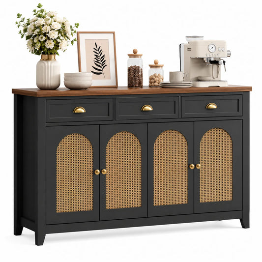 Buffet de cuisine en bois avec portes en rotin et tiroirs noirs