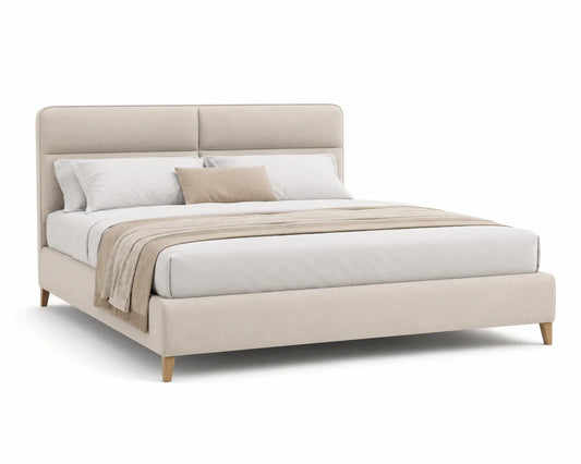 Lit double en bois et lin beige