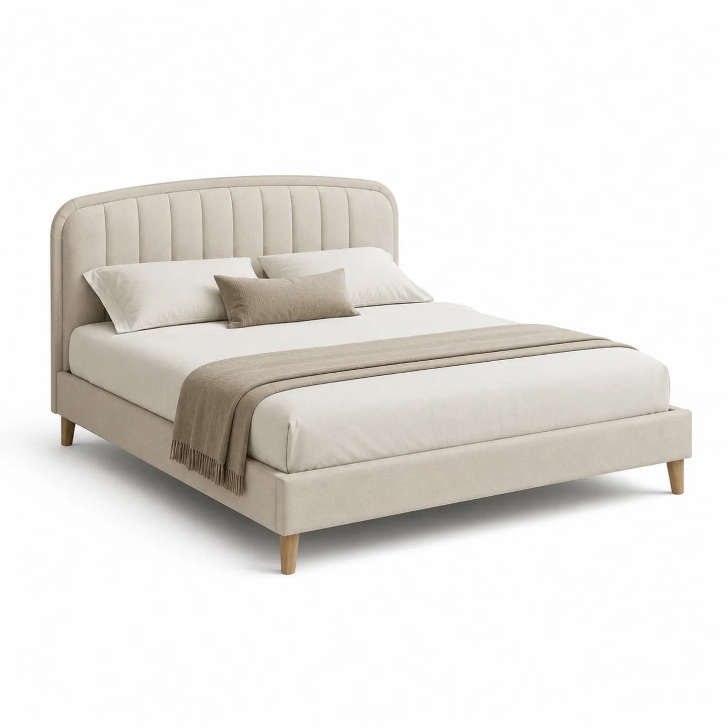 Lit double en tissu beige avec tête de lit rembourrée et pieds en bois 200x160 cm