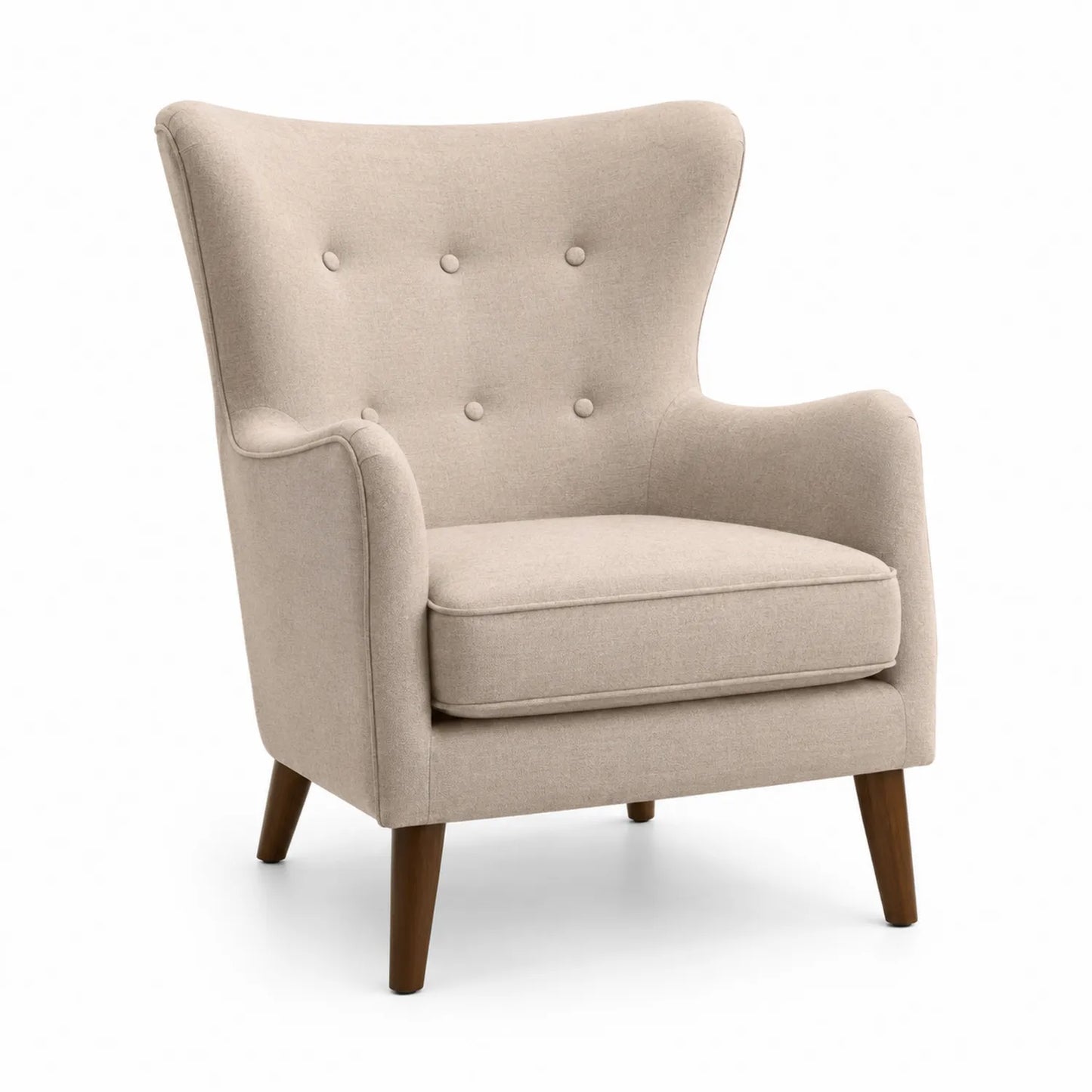 Fauteuil en tissu lin beige avec pieds en bois de hêtre
