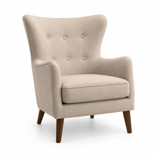 Fauteuil en tissu lin beige avec pieds en bois de hêtre