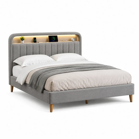 Lit double en tissu gris avec rangement et éclairage 160x200 cm