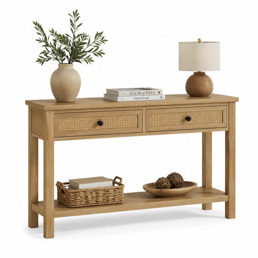 Table console en bois avec tiroirs en rotin 120x35x80 cm