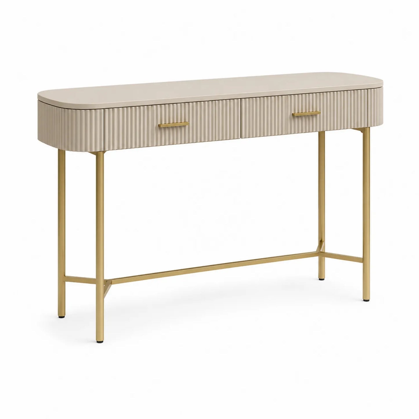 Console en bois composite beige avec pieds en métal doré 120x40x75 cm