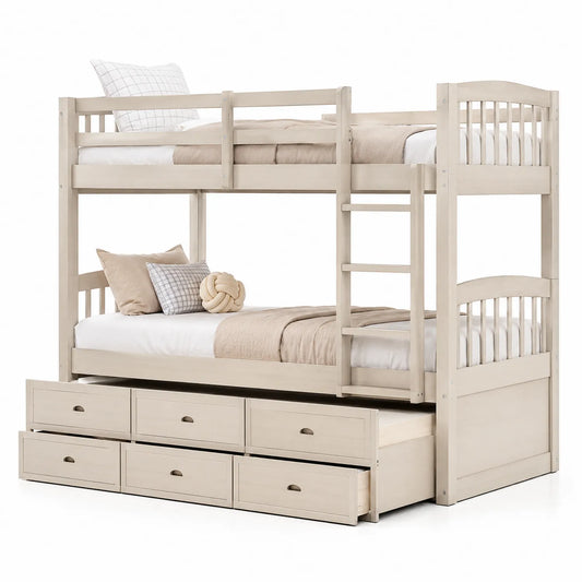 Lit superposé en bois avec tiroirs et échelle, Beige, 200x90x175 cm