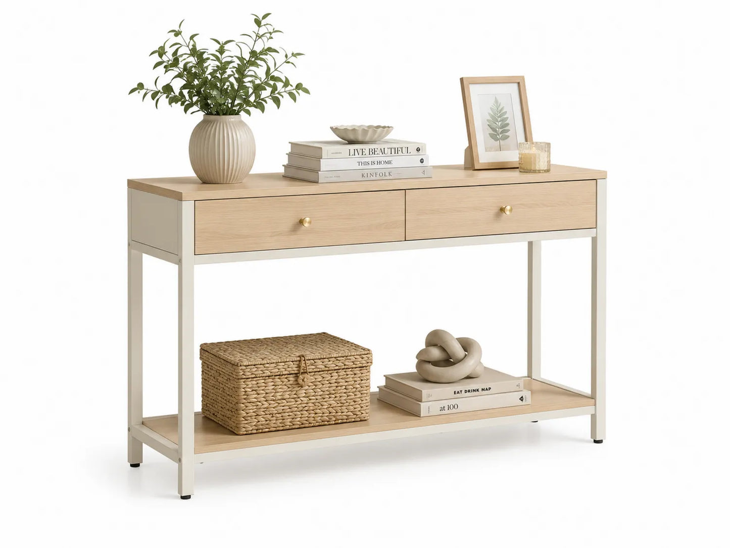 Table console en bois MDF et métal avec deux tiroirs