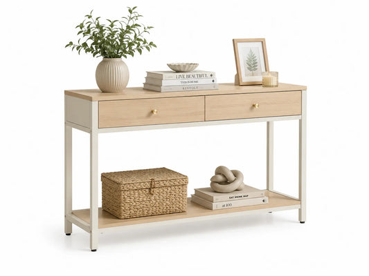 Table console en bois MDF et métal avec deux tiroirs
