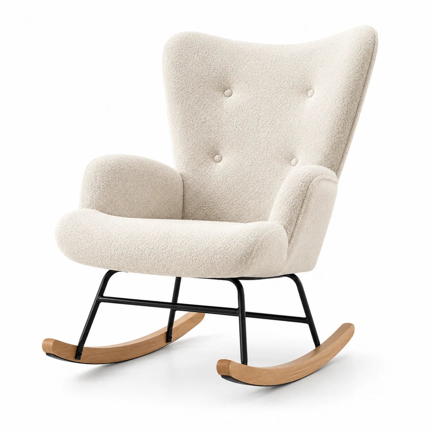 Fauteuil à bascule en tissu bouclé avec cadre noir et pieds bois