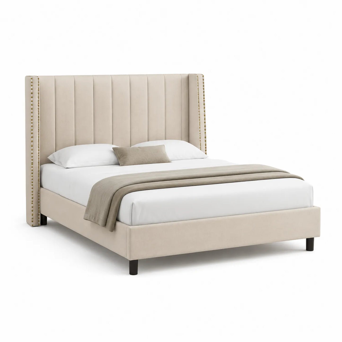 Lit double en bois avec tête de lit cloutée en polyester beige 160x200 cm