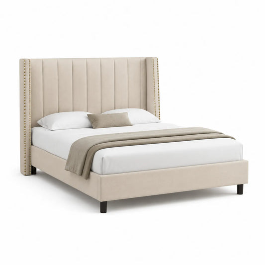 Lit double en bois avec tête de lit cloutée en polyester beige 160x200 cm