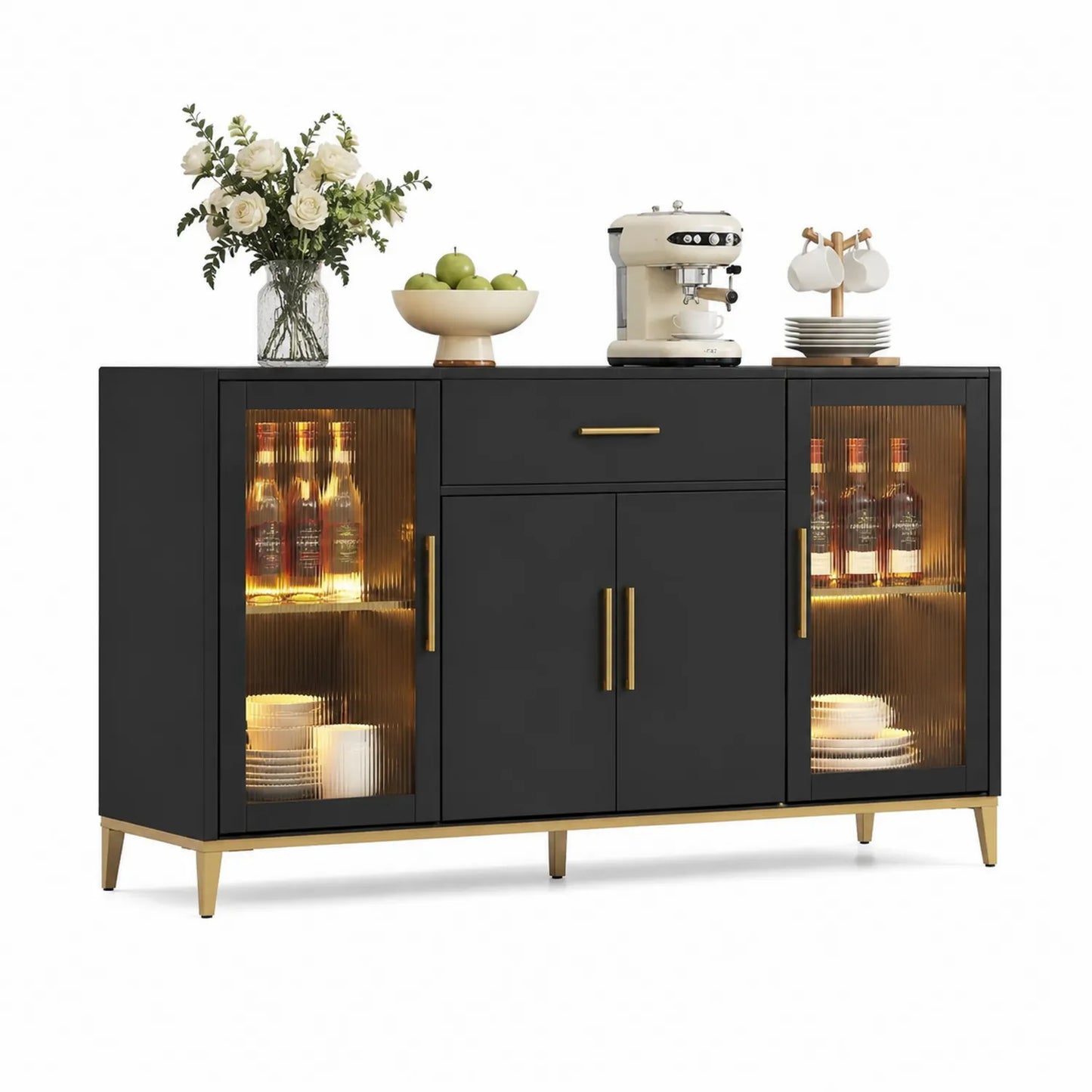 Buffet en bois MDF avec portes en verre cannelé et pieds dorés 150x40x80 cm