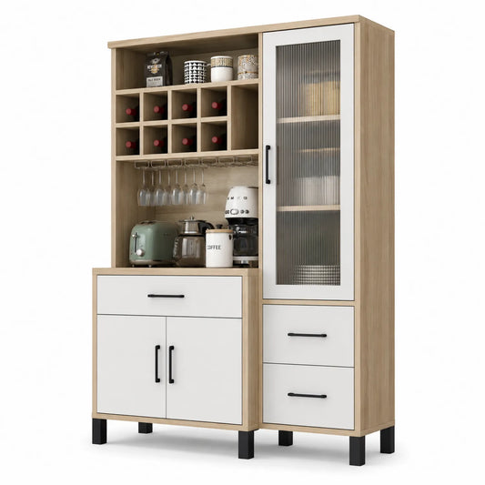Buffet de cuisine en bois avec portes en verre cannelé, 180x120x40 cm, Chêne/Blanc